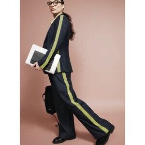 Wildfang Empower Wide Leg Trousers Pants Size 26 Navy Neon Stripe Pleated [C11]